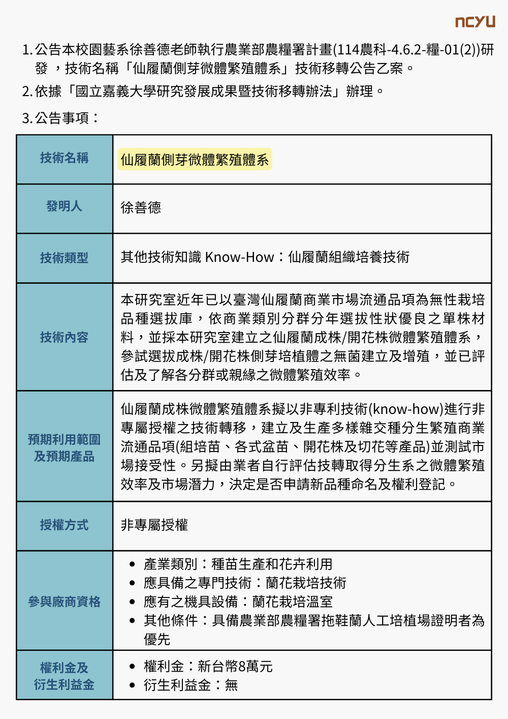 【技轉徵求公告】仙履蘭側芽微體繁殖體系